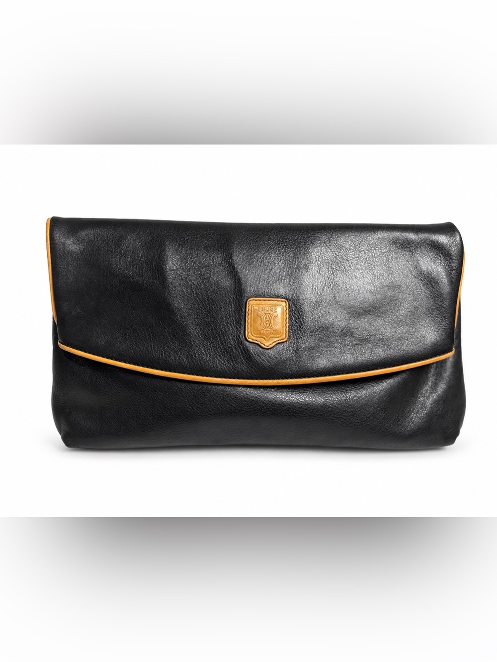 Vintage Celine Black Leather Envelope Clutch Tan Trim Authenticated Madein Italy